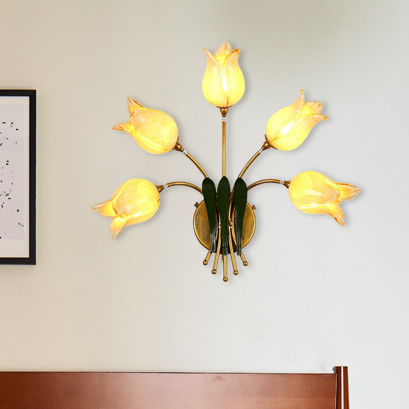 5 Bulbs Wall Light Sconce American Garden Bedroom LED Wall Lighting Fixture with Lily/Tulip Frosted Glass Shade in Gold Clearhalo 'Wall Lamps & Sconces' 'Wall Lights' Lighting' 391648