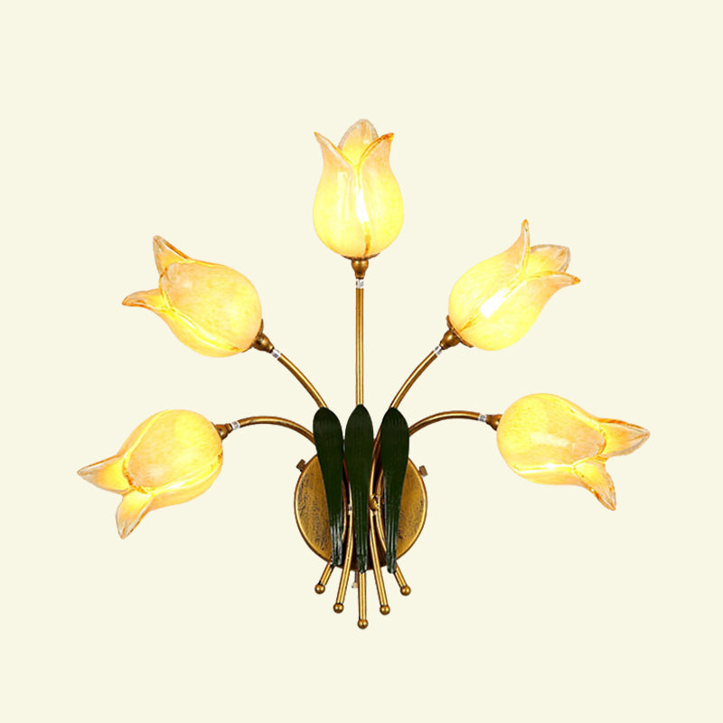 5 Bulbs Wall Light Sconce American Garden Bedroom LED Wall Lighting Fixture with Lily/Tulip Frosted Glass Shade in Gold Clearhalo 'Wall Lamps & Sconces' 'Wall Lights' Lighting' 391650