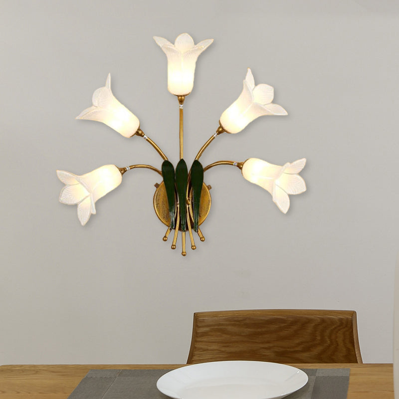 5 Bulbs Wall Light Sconce American Garden Bedroom LED Wall Lighting Fixture with Lily/Tulip Frosted Glass Shade in Gold Gold B Clearhalo 'Wall Lamps & Sconces' 'Wall Lights' Lighting' 391652