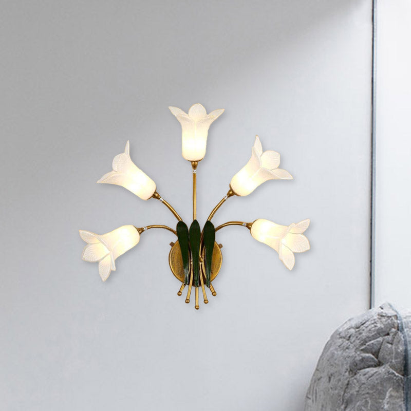 5 Bulbs Wall Light Sconce American Garden Bedroom LED Wall Lighting Fixture with Lily/Tulip Frosted Glass Shade in Gold Clearhalo 'Wall Lamps & Sconces' 'Wall Lights' Lighting' 391653