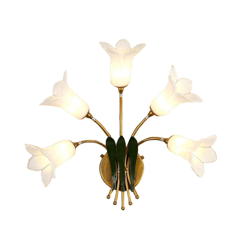 5 Bulbs Wall Light Sconce American Garden Bedroom LED Wall Lighting Fixture with Lily/Tulip Frosted Glass Shade in Gold Clearhalo 'Wall Lamps & Sconces' 'Wall Lights' Lighting' 391654