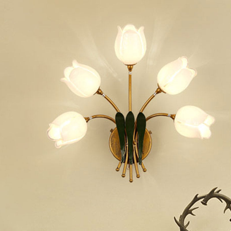 5 Bulbs Wall Light Sconce American Garden Bedroom LED Wall Lighting Fixture with Lily/Tulip Frosted Glass Shade in Gold Gold C Clearhalo 'Wall Lamps & Sconces' 'Wall Lights' Lighting' 391655