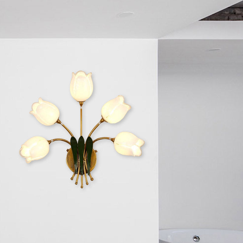 5 Bulbs Wall Light Sconce American Garden Bedroom LED Wall Lighting Fixture with Lily/Tulip Frosted Glass Shade in Gold Clearhalo 'Wall Lamps & Sconces' 'Wall Lights' Lighting' 391656