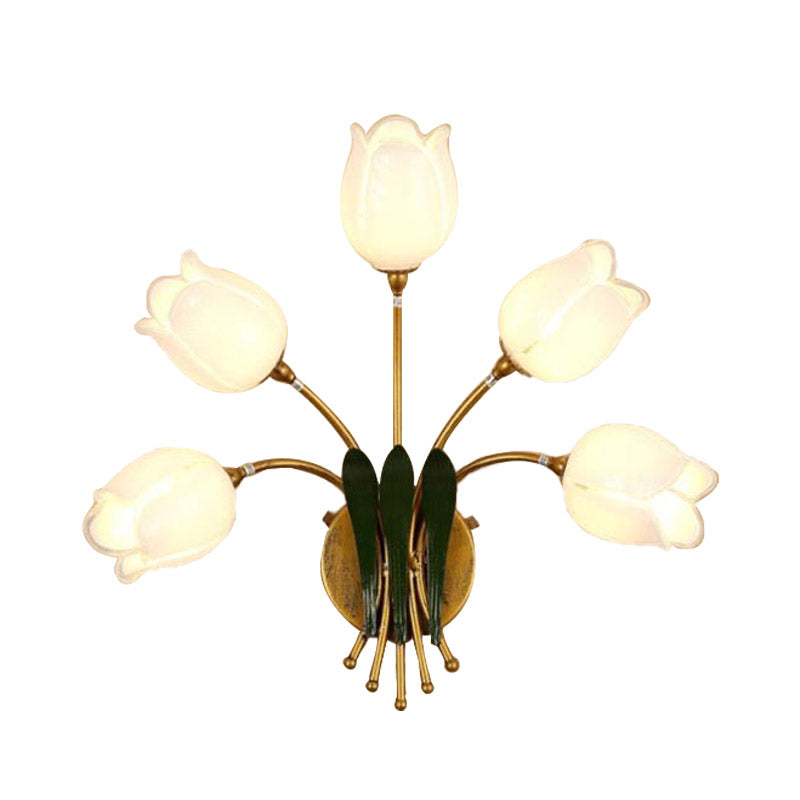 5 Bulbs Wall Light Sconce American Garden Bedroom LED Wall Lighting Fixture with Lily/Tulip Frosted Glass Shade in Gold Clearhalo 'Wall Lamps & Sconces' 'Wall Lights' Lighting' 391657