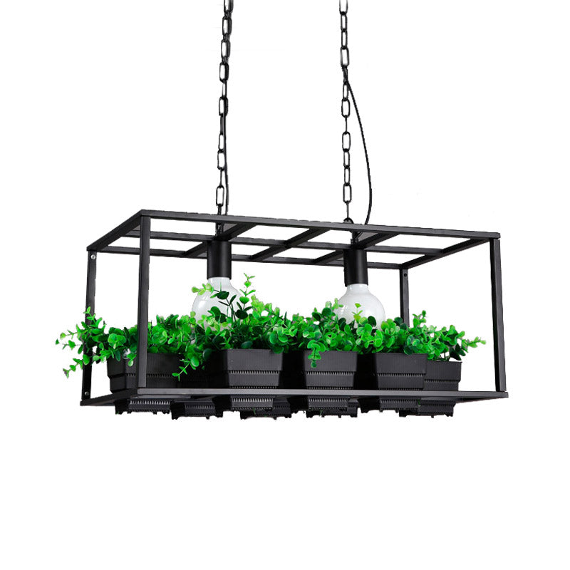 Black/White 2 Heads Island Lamp Antiqued Metal Rectangle Plant Hanging Ceiling Light for Restaurant, 21.5"/25.5" Long Clearhalo 'Ceiling Lights' 'Island Lights' Lighting' 391773