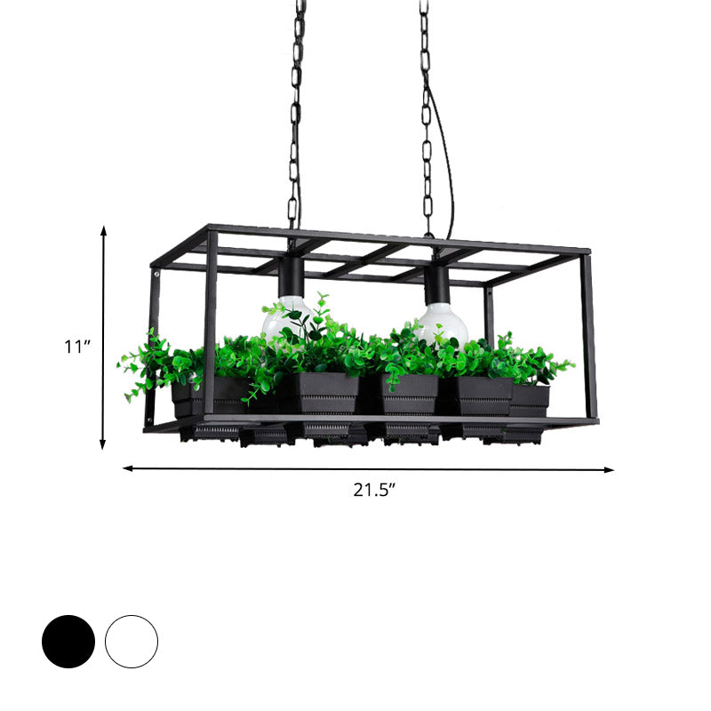 Black/White 2 Heads Island Lamp Antiqued Metal Rectangle Plant Hanging Ceiling Light for Restaurant, 21.5"/25.5" Long Clearhalo 'Ceiling Lights' 'Island Lights' Lighting' 391774