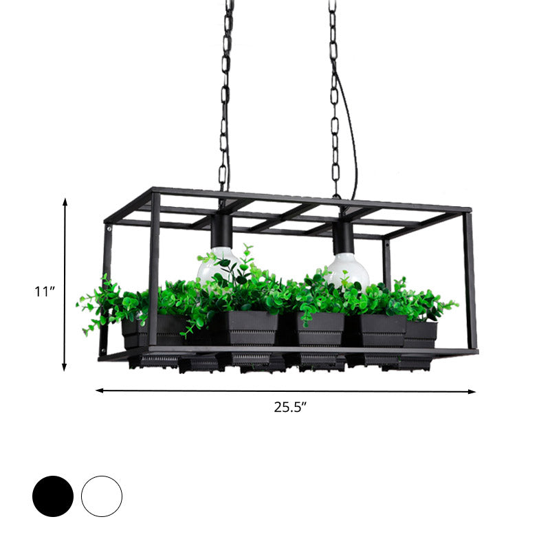 Black/White 2 Heads Island Lamp Antiqued Metal Rectangle Plant Hanging Ceiling Light for Restaurant, 21.5"/25.5" Long Clearhalo 'Ceiling Lights' 'Island Lights' Lighting' 391775