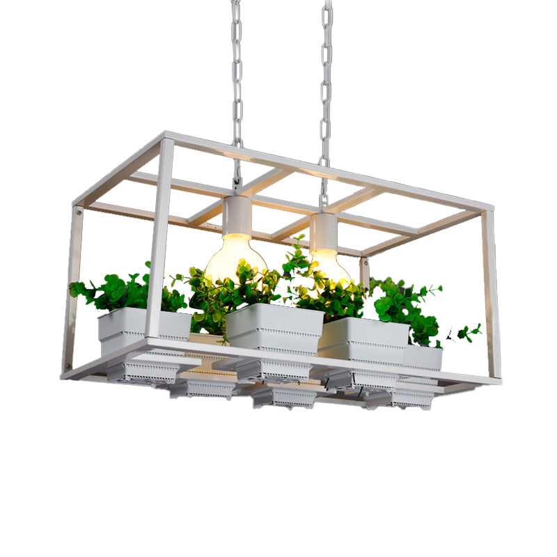 Black/White 2 Heads Island Lamp Antiqued Metal Rectangle Plant Hanging Ceiling Light for Restaurant, 21.5"/25.5" Long Clearhalo 'Ceiling Lights' 'Island Lights' Lighting' 391778