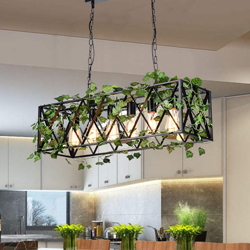 6 Heads Metal Island Pendant Antique Black Rectangular Restaurant LED Down Lighting with Plant Decor Black Clearhalo 'Ceiling Lights' 'Island Lights' Lighting' 391791