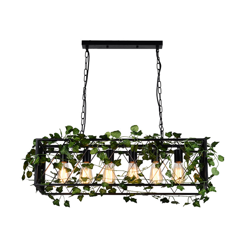 6 Heads Metal Island Pendant Antique Black Rectangular Restaurant LED Down Lighting with Plant Decor Clearhalo 'Ceiling Lights' 'Island Lights' Lighting' 391794