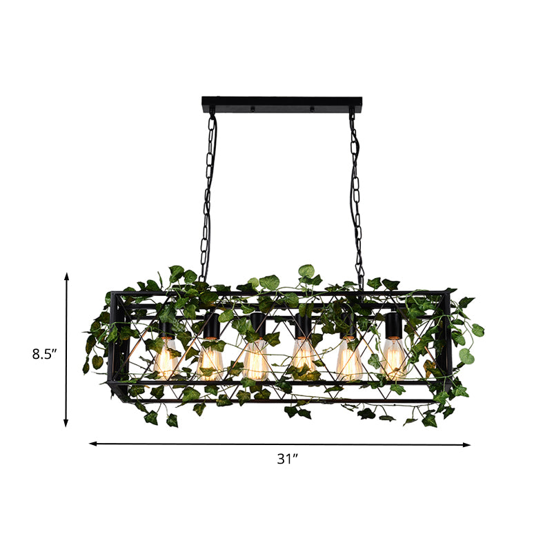 6 Heads Metal Island Pendant Antique Black Rectangular Restaurant LED Down Lighting with Plant Decor Clearhalo 'Ceiling Lights' 'Island Lights' Lighting' 391795