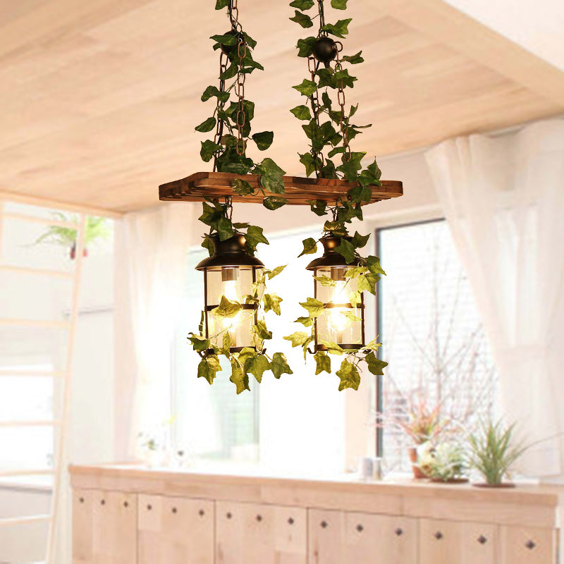 Lantern Restaurant Island Ceiling Light Retro Wooden 2/3 Heads Pink/Green LED Drop Lamp with Plant/Flower Decor Clearhalo 'Ceiling Lights' 'Island Lights' Lighting' 391797