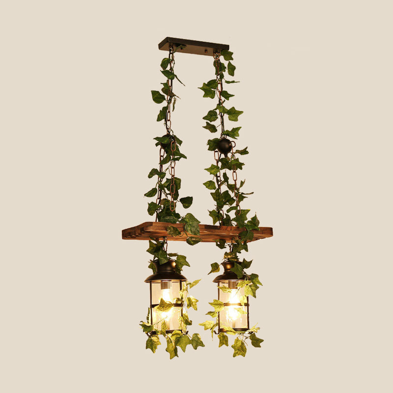 Lantern Restaurant Island Ceiling Light Retro Wooden 2/3 Heads Pink/Green LED Drop Lamp with Plant/Flower Decor Clearhalo 'Ceiling Lights' 'Island Lights' Lighting' 391799