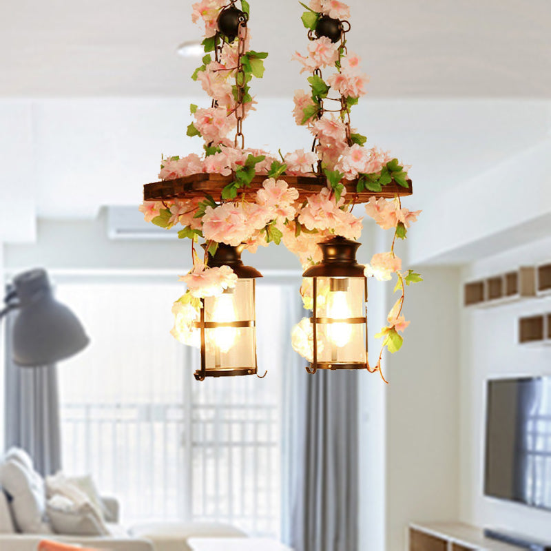 Lantern Restaurant Island Ceiling Light Retro Wooden 2/3 Heads Pink/Green LED Drop Lamp with Plant/Flower Decor 2 Pink Clearhalo 'Ceiling Lights' 'Island Lights' Lighting' 391801