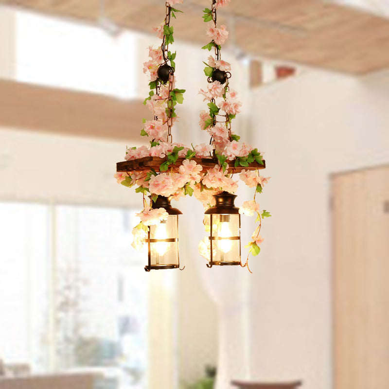 Lantern Restaurant Island Ceiling Light Retro Wooden 2/3 Heads Pink/Green LED Drop Lamp with Plant/Flower Decor Clearhalo 'Ceiling Lights' 'Island Lights' Lighting' 391802