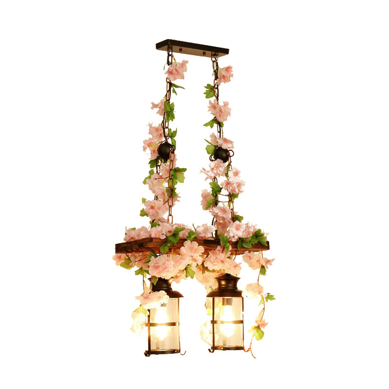 Lantern Restaurant Island Ceiling Light Retro Wooden 2/3 Heads Pink/Green LED Drop Lamp with Plant/Flower Decor Clearhalo 'Ceiling Lights' 'Island Lights' Lighting' 391803