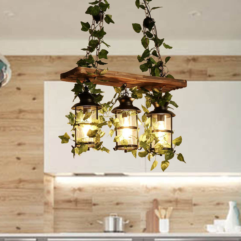 Lantern Restaurant Island Ceiling Light Retro Wooden 2/3 Heads Pink/Green LED Drop Lamp with Plant/Flower Decor 3 Green Clearhalo 'Ceiling Lights' 'Island Lights' Lighting' 391804