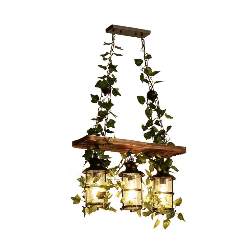 Lantern Restaurant Island Ceiling Light Retro Wooden 2/3 Heads Pink/Green LED Drop Lamp with Plant/Flower Decor Clearhalo 'Ceiling Lights' 'Island Lights' Lighting' 391806