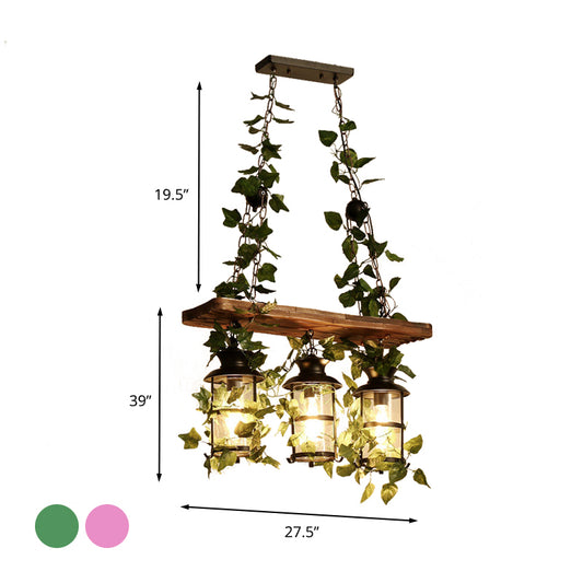 Lantern Restaurant Island Ceiling Light Retro Wooden 2/3 Heads Pink/Green LED Drop Lamp with Plant/Flower Decor Clearhalo 'Ceiling Lights' 'Island Lights' Lighting' 391807