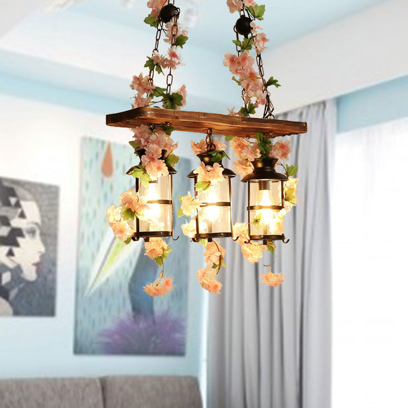 Lantern Restaurant Island Ceiling Light Retro Wooden 2/3 Heads Pink/Green LED Drop Lamp with Plant/Flower Decor Clearhalo 'Ceiling Lights' 'Island Lights' Lighting' 391809