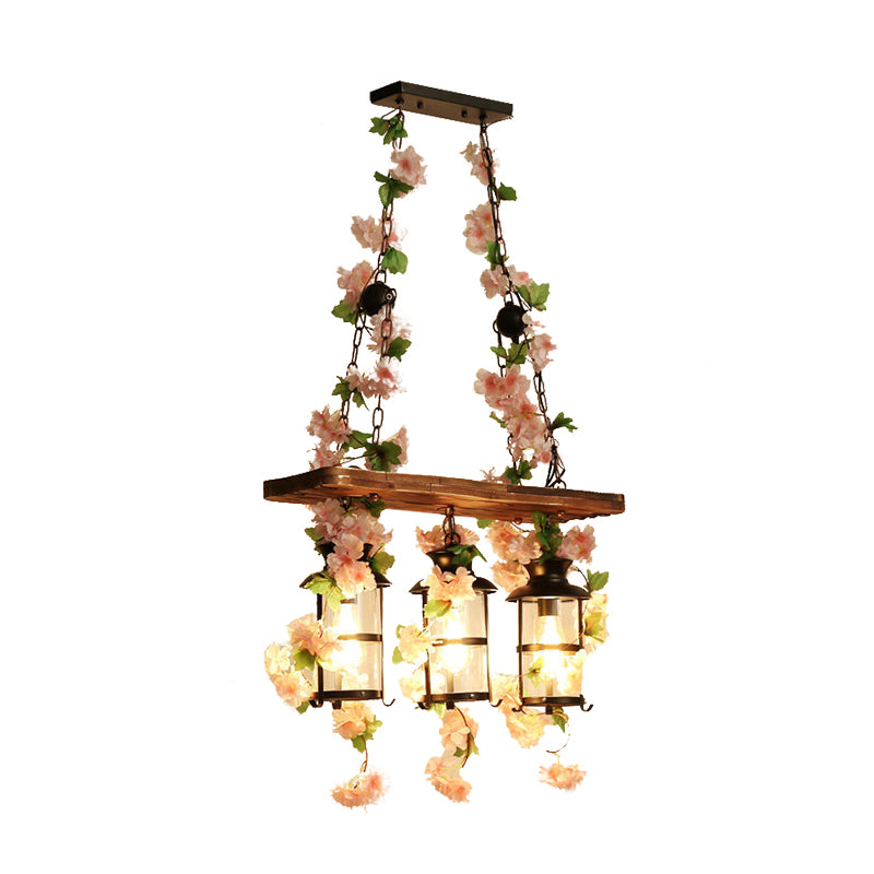 Lantern Restaurant Island Ceiling Light Retro Wooden 2/3 Heads Pink/Green LED Drop Lamp with Plant/Flower Decor Clearhalo 'Ceiling Lights' 'Island Lights' Lighting' 391810