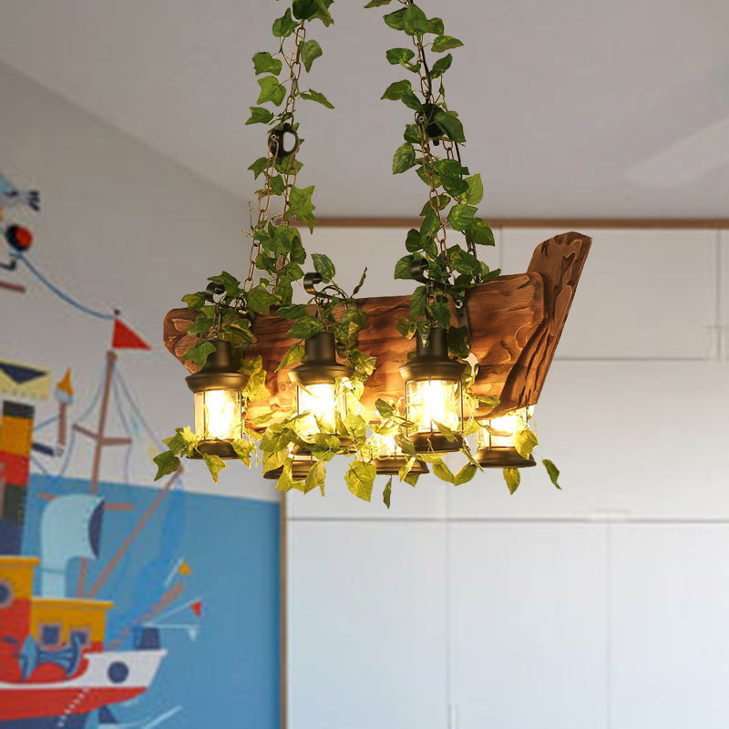 Wooden Pink/Green Island Pendant Light Lantern 6 Bulbs Industrial LED Plant/Flower Hanging Lamp Kit Clearhalo 'Ceiling Lights' 'Island Lights' Lighting' 391812