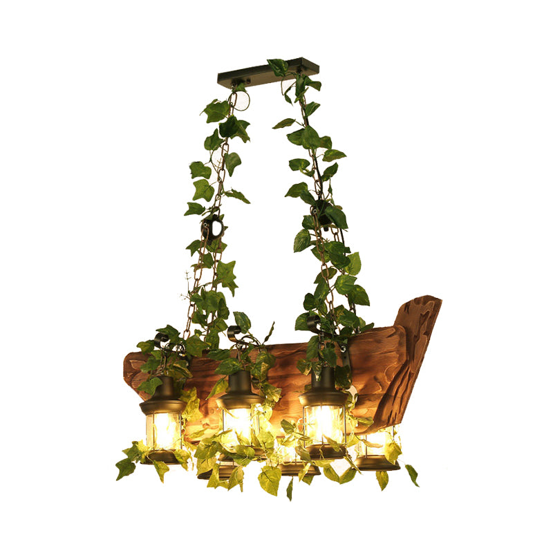 Wooden Pink/Green Island Pendant Light Lantern 6 Bulbs Industrial LED Plant/Flower Hanging Lamp Kit Clearhalo 'Ceiling Lights' 'Island Lights' Lighting' 391813