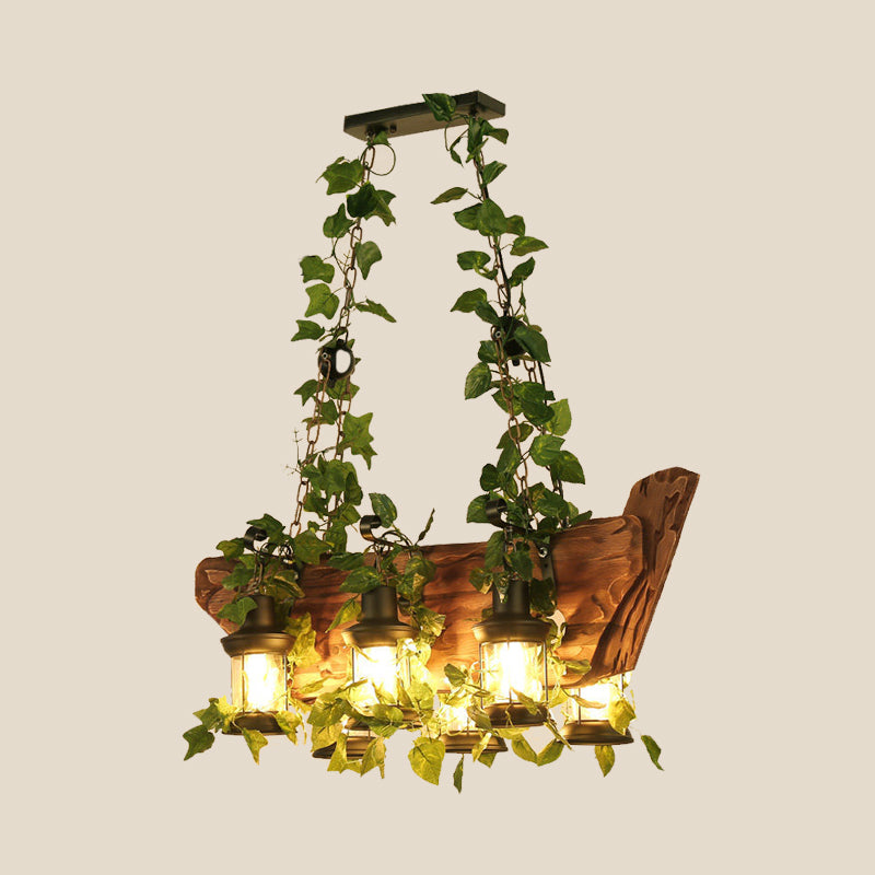 Wooden Pink/Green Island Pendant Light Lantern 6 Bulbs Industrial LED Plant/Flower Hanging Lamp Kit Clearhalo 'Ceiling Lights' 'Island Lights' Lighting' 391814