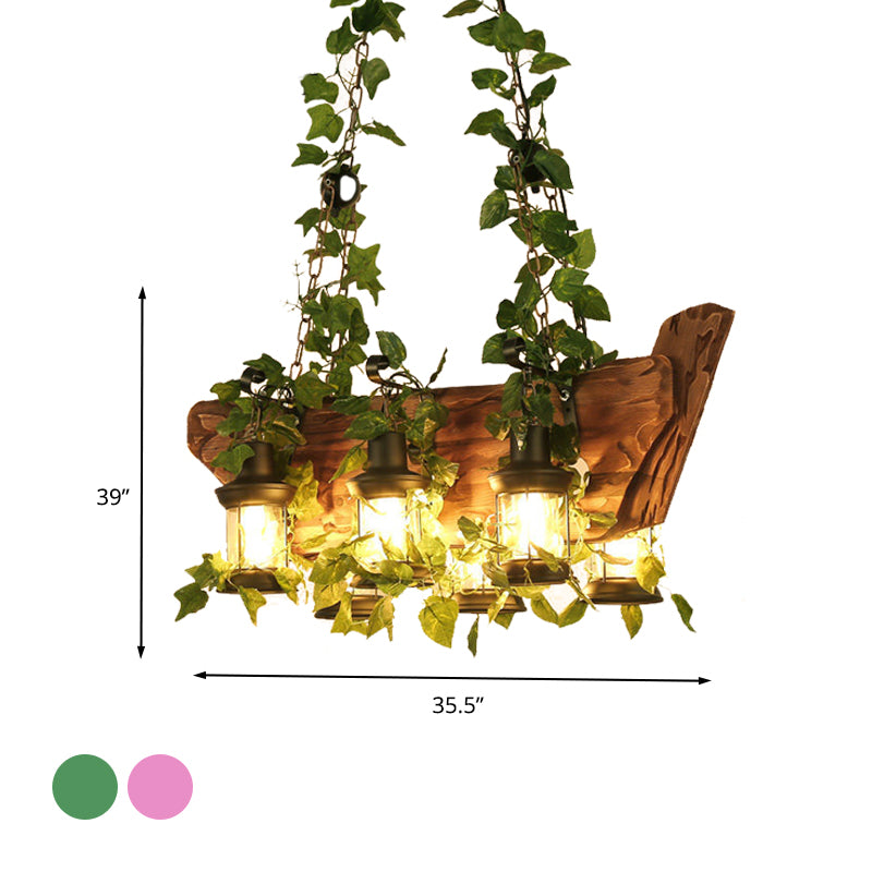 Wooden Pink/Green Island Pendant Light Lantern 6 Bulbs Industrial LED Plant/Flower Hanging Lamp Kit Clearhalo 'Ceiling Lights' 'Island Lights' Lighting' 391815