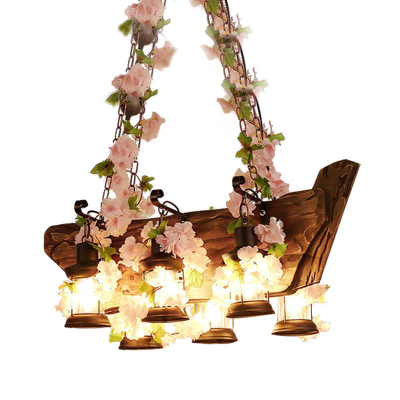 Wooden Pink/Green Island Pendant Light Lantern 6 Bulbs Industrial LED Plant/Flower Hanging Lamp Kit Clearhalo 'Ceiling Lights' 'Island Lights' Lighting' 391818