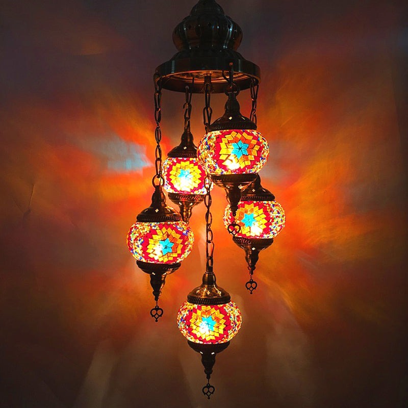 Vintage Oval Chandelier Light Fixture 5 Heads Stained Art Glass Hanging Lamp for Bedroom in Orange/Blue Orange Clearhalo 'Ceiling Lights' 'Chandeliers' 'Glass shade' 'Glass' Lighting' 391907