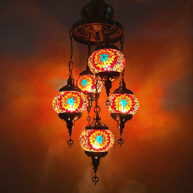 Vintage Oval Chandelier Light Fixture 5 Heads Stained Art Glass Hanging Lamp for Bedroom in Orange/Blue Clearhalo 'Ceiling Lights' 'Chandeliers' 'Glass shade' 'Glass' Lighting' 391908
