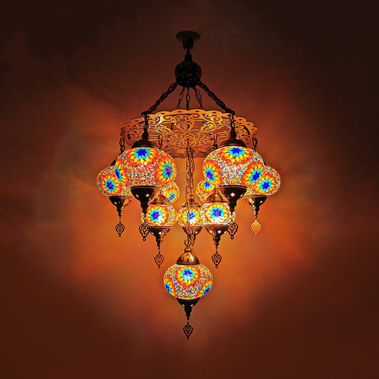 Hand Cut Glass White/Yellow/Orange Chandelier Lamp Oval 10 Lights Traditional Suspension Light for Dining Room Orange Clearhalo 'Ceiling Lights' 'Chandeliers' 'Glass shade' 'Glass' Lighting' 391910