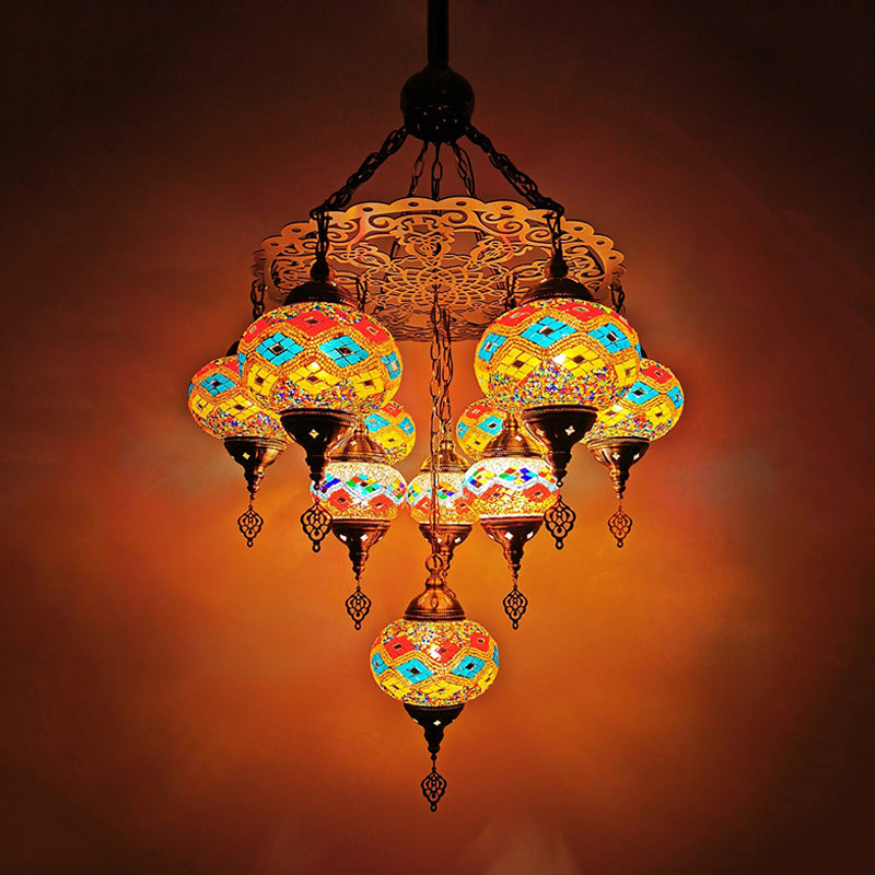 Hand Cut Glass White/Yellow/Orange Chandelier Lamp Oval 10 Lights Traditional Suspension Light for Dining Room Yellow Clearhalo 'Ceiling Lights' 'Chandeliers' 'Glass shade' 'Glass' Lighting' 391912