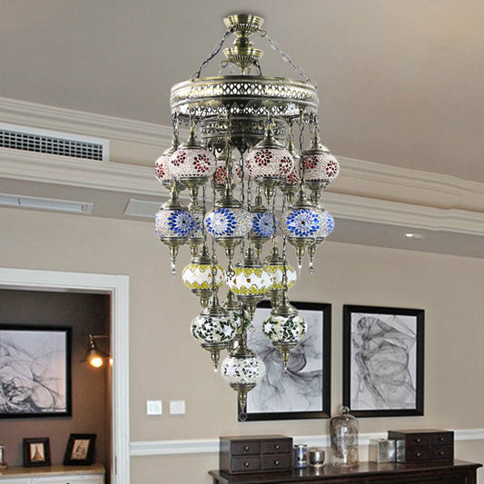 Oval Stained Art Glass Ceiling Chandelier Traditional 19 Heads Stairway Hanging Pendant Light in Blue Clearhalo 'Ceiling Lights' 'Chandeliers' 'Glass shade' 'Glass' Lighting' 391916
