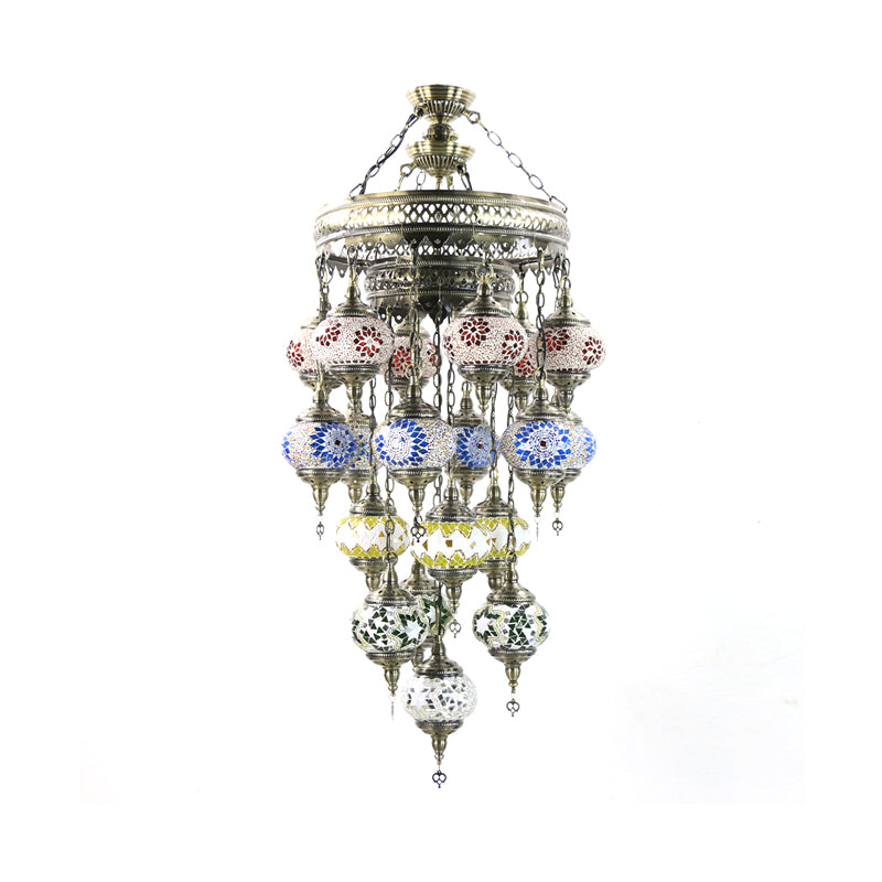 Oval Stained Art Glass Ceiling Chandelier Traditional 19 Heads Stairway Hanging Pendant Light in Blue Clearhalo 'Ceiling Lights' 'Chandeliers' 'Glass shade' 'Glass' Lighting' 391917