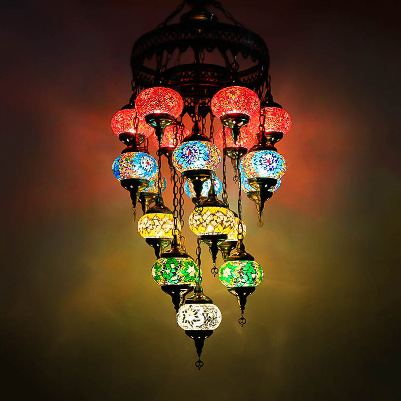 Oval Stained Art Glass Ceiling Chandelier Traditional 19 Heads Stairway Hanging Pendant Light in Blue Clearhalo 'Ceiling Lights' 'Chandeliers' 'Glass shade' 'Glass' Lighting' 391918