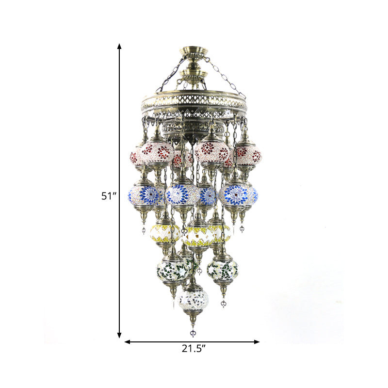 Oval Stained Art Glass Ceiling Chandelier Traditional 19 Heads Stairway Hanging Pendant Light in Blue Clearhalo 'Ceiling Lights' 'Chandeliers' 'Glass shade' 'Glass' Lighting' 391919