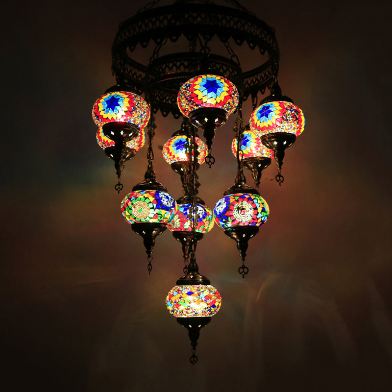 10 Heads Oval Hanging Light Fixture Traditional Red/Pink/Yellow Multicolored Stained Glass Chandelier Lamp Blue Clearhalo 'Ceiling Lights' 'Chandeliers' 'Glass shade' 'Glass' Lighting' 391920
