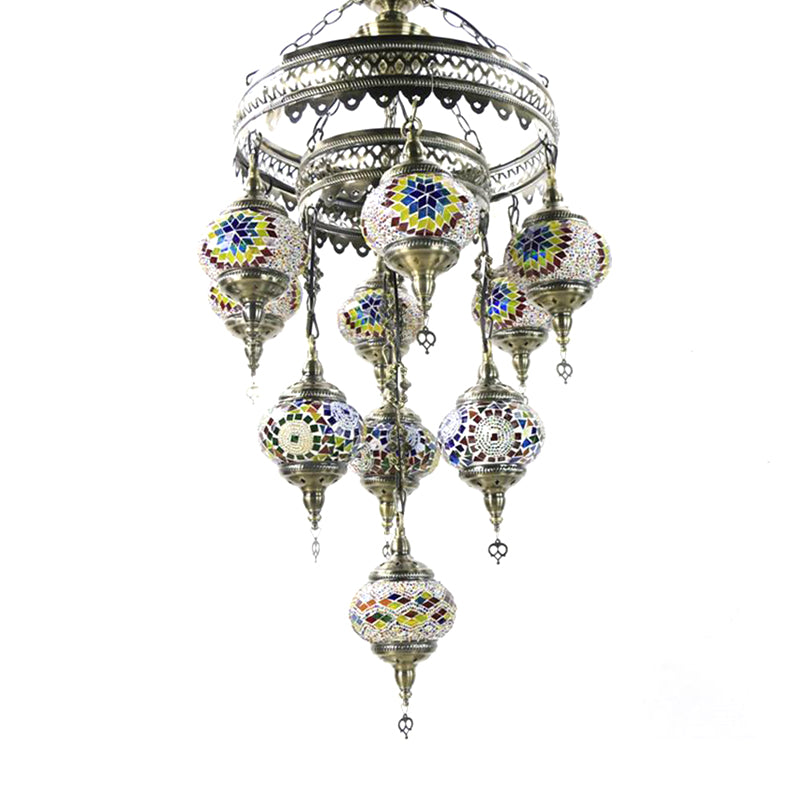 10 Heads Oval Hanging Light Fixture Traditional Red/Pink/Yellow Multicolored Stained Glass Chandelier Lamp Clearhalo 'Ceiling Lights' 'Chandeliers' 'Glass shade' 'Glass' Lighting' 391923