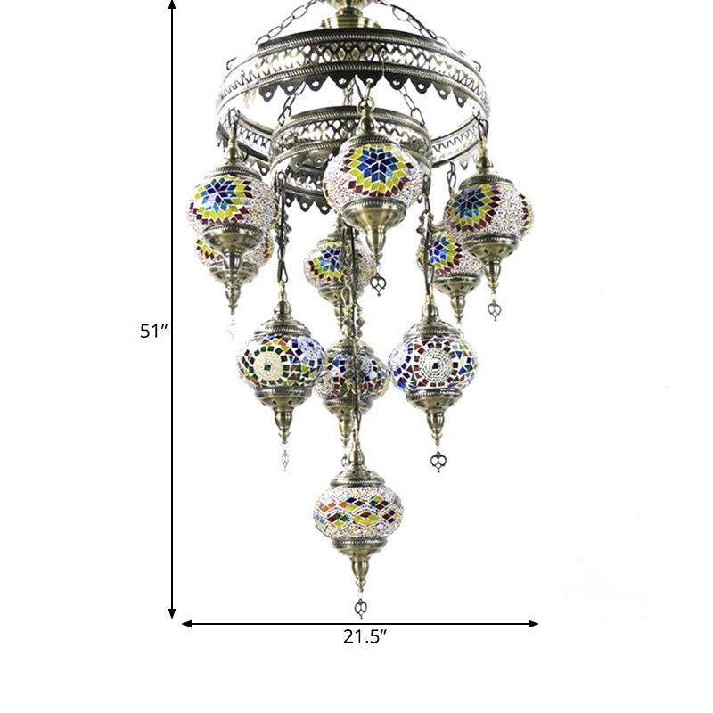 10 Heads Oval Hanging Light Fixture Traditional Red/Pink/Yellow Multicolored Stained Glass Chandelier Lamp Clearhalo 'Ceiling Lights' 'Chandeliers' 'Glass shade' 'Glass' Lighting' 391924