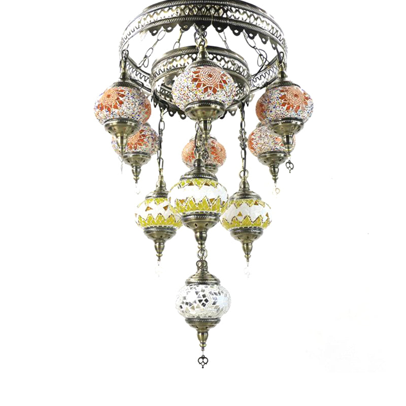 10 Heads Oval Hanging Light Fixture Traditional Red/Pink/Yellow Multicolored Stained Glass Chandelier Lamp Yellow Clearhalo 'Ceiling Lights' 'Chandeliers' 'Glass shade' 'Glass' Lighting' 391925