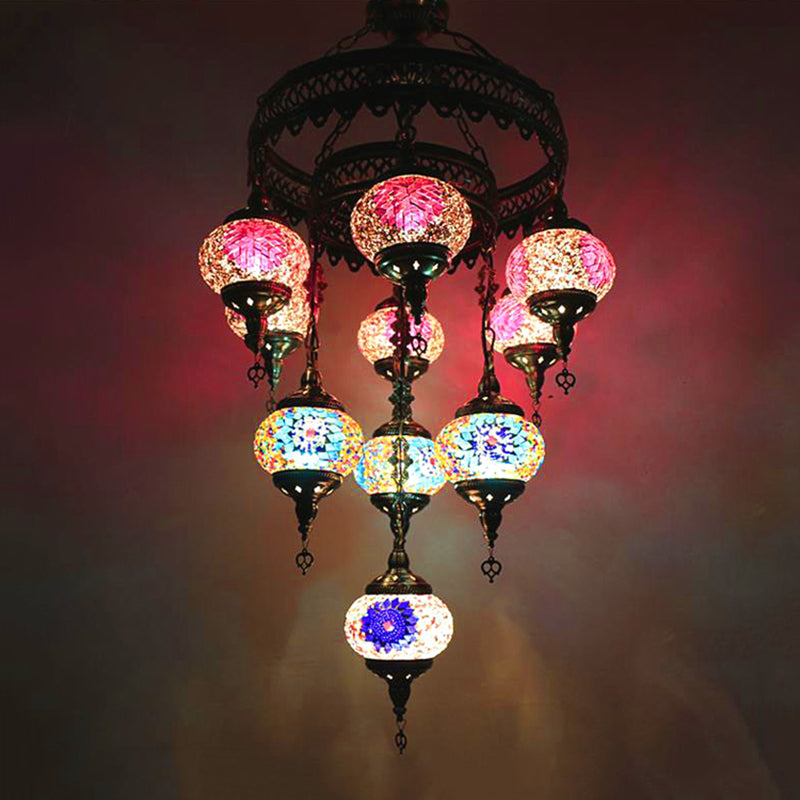 10 Heads Oval Hanging Light Fixture Traditional Red/Pink/Yellow Multicolored Stained Glass Chandelier Lamp Clearhalo 'Ceiling Lights' 'Chandeliers' 'Glass shade' 'Glass' Lighting' 391928