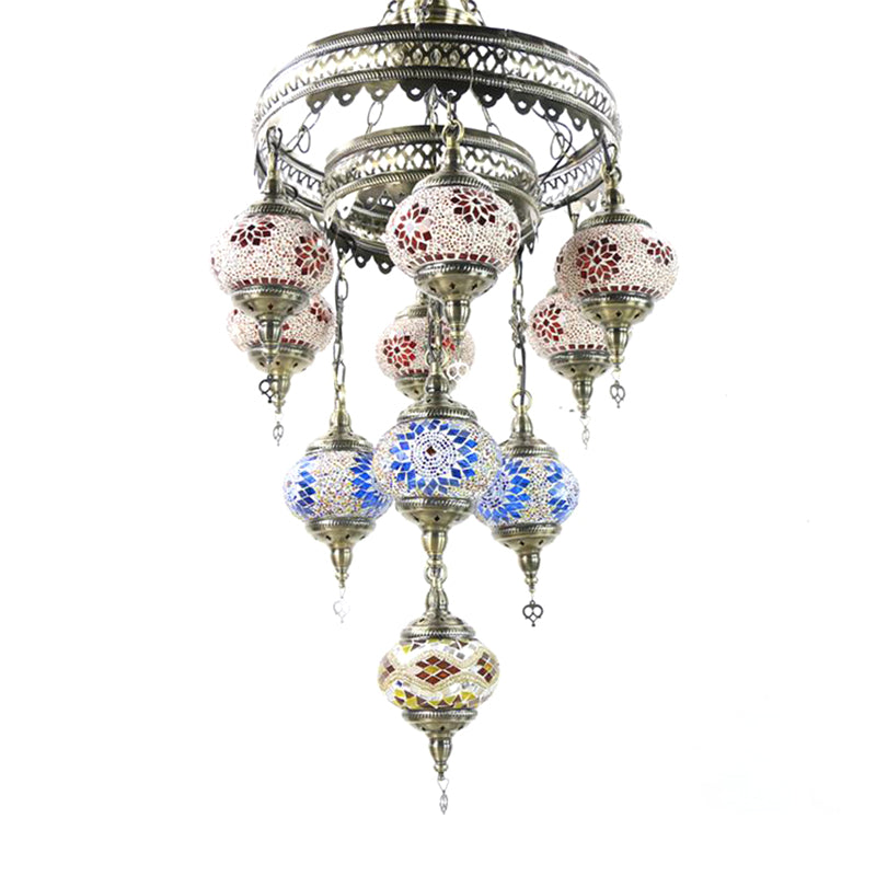 10 Heads Oval Hanging Light Fixture Traditional Red/Pink/Yellow Multicolored Stained Glass Chandelier Lamp Red Clearhalo 'Ceiling Lights' 'Chandeliers' 'Glass shade' 'Glass' Lighting' 391929