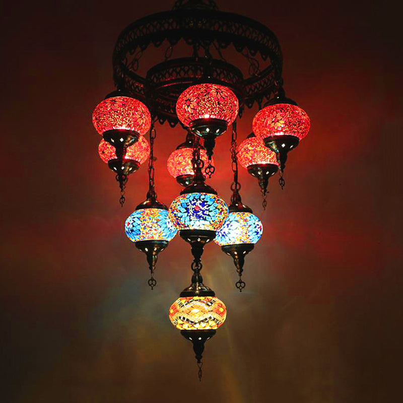 10 Heads Oval Hanging Light Fixture Traditional Red/Pink/Yellow Multicolored Stained Glass Chandelier Lamp Clearhalo 'Ceiling Lights' 'Chandeliers' 'Glass shade' 'Glass' Lighting' 391930