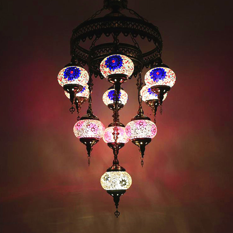 10 Heads Oval Hanging Light Fixture Traditional Red/Pink/Yellow Multicolored Stained Glass Chandelier Lamp Clearhalo 'Ceiling Lights' 'Chandeliers' 'Glass shade' 'Glass' Lighting' 391932