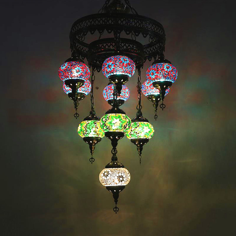 10 Heads Oval Hanging Light Fixture Traditional Red/Pink/Yellow Multicolored Stained Glass Chandelier Lamp Clearhalo 'Ceiling Lights' 'Chandeliers' 'Glass shade' 'Glass' Lighting' 391934