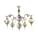 Stained Glass Bronze Hanging Chandelier Oval 6 Heads Traditional Suspension Light Clearhalo 'Ceiling Lights' 'Chandeliers' 'Glass shade' 'Glass' Lighting' 391945