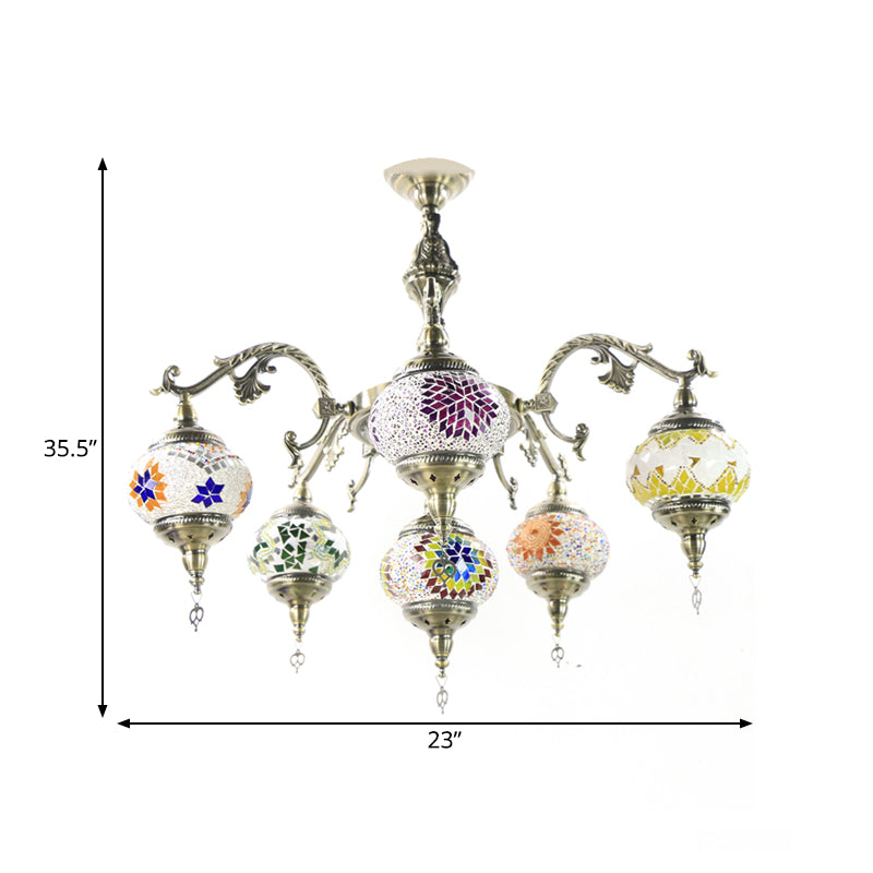 Stained Glass Bronze Hanging Chandelier Oval 6 Heads Traditional Suspension Light Clearhalo 'Ceiling Lights' 'Chandeliers' 'Glass shade' 'Glass' Lighting' 391947