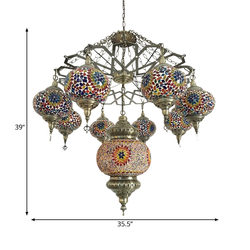 Vintage Oval Chandelier Light Fixture 9 Heads Stained Art Glass Hanging Ceiling Light in Red/Blue Clearhalo 'Ceiling Lights' 'Chandeliers' 'Glass shade' 'Glass' Lighting' 391952